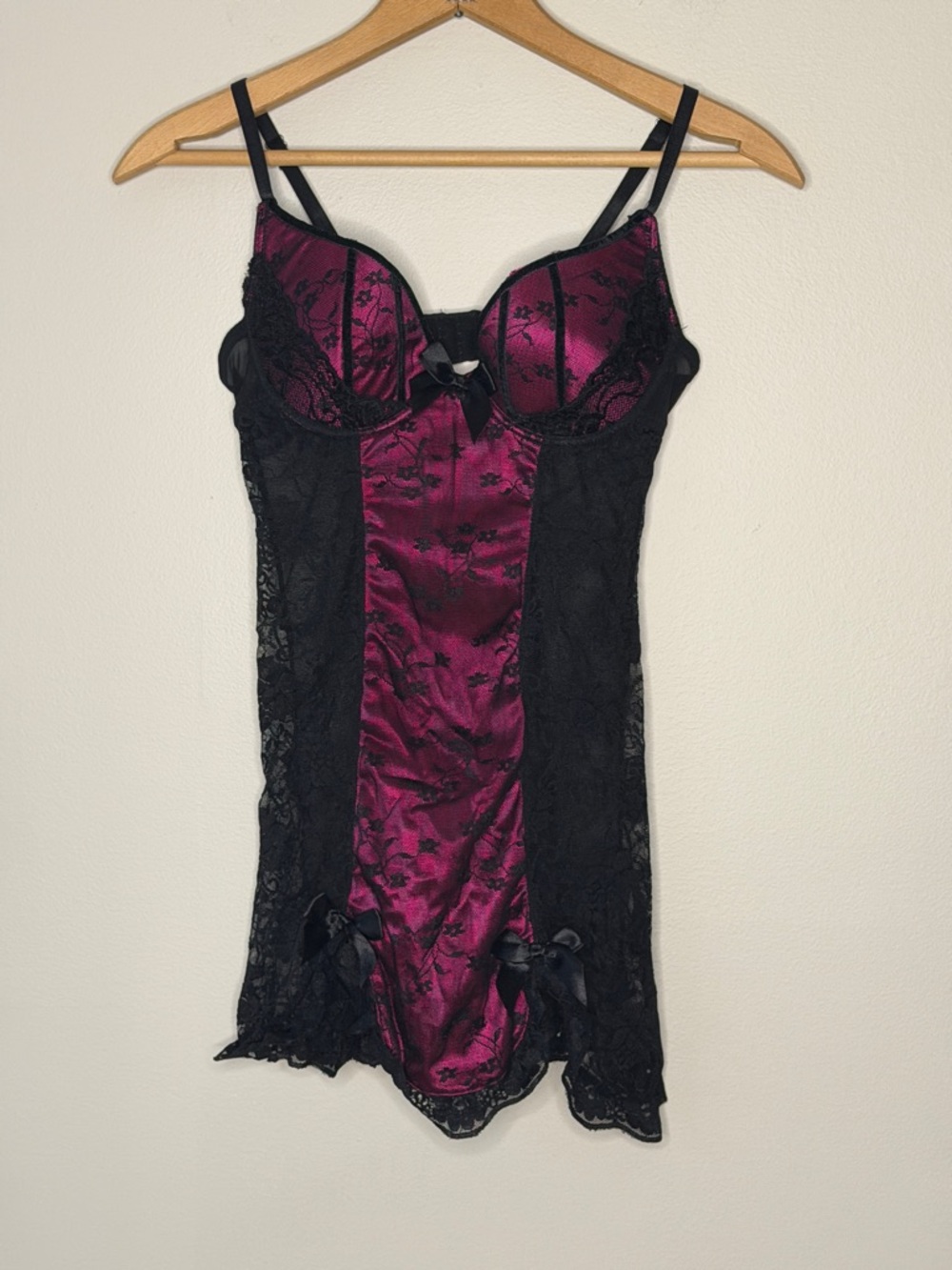 New York & Company Burgundy and Black Lace Satin Chemise with Bow Accents